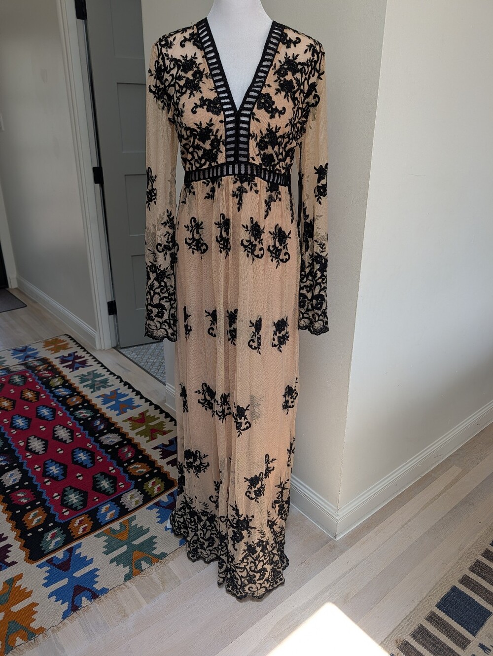 NWT Forever 21 Nude Maxi Dress with Black Lace Overlay